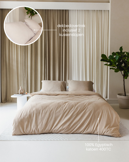 egyptisch katoen dekbedovertrek set in slaapkamer met een minimalistisch design, japandi style 
