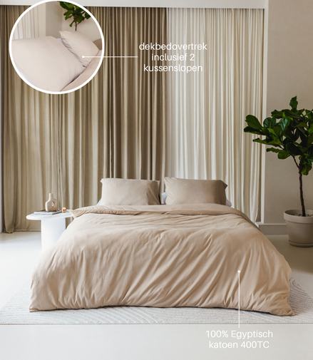 egyptisch katoen dekbedovertrek set in slaapkamer met een minimalistisch design, japandi style 