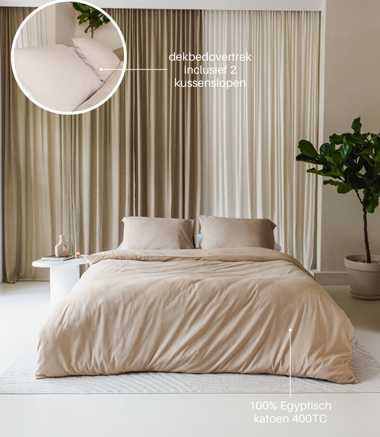 egyptisch katoen dekbedovertrek set in slaapkamer met een minimalistisch design, japandi style 